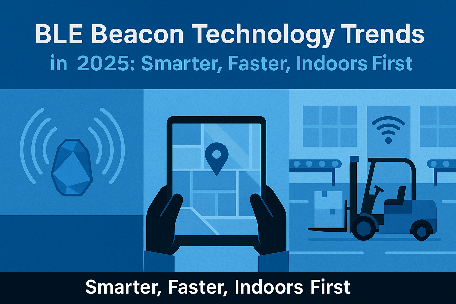 BLE Beacon 2025 infographic banner showing beacon, tablet, and forklift in smart factory